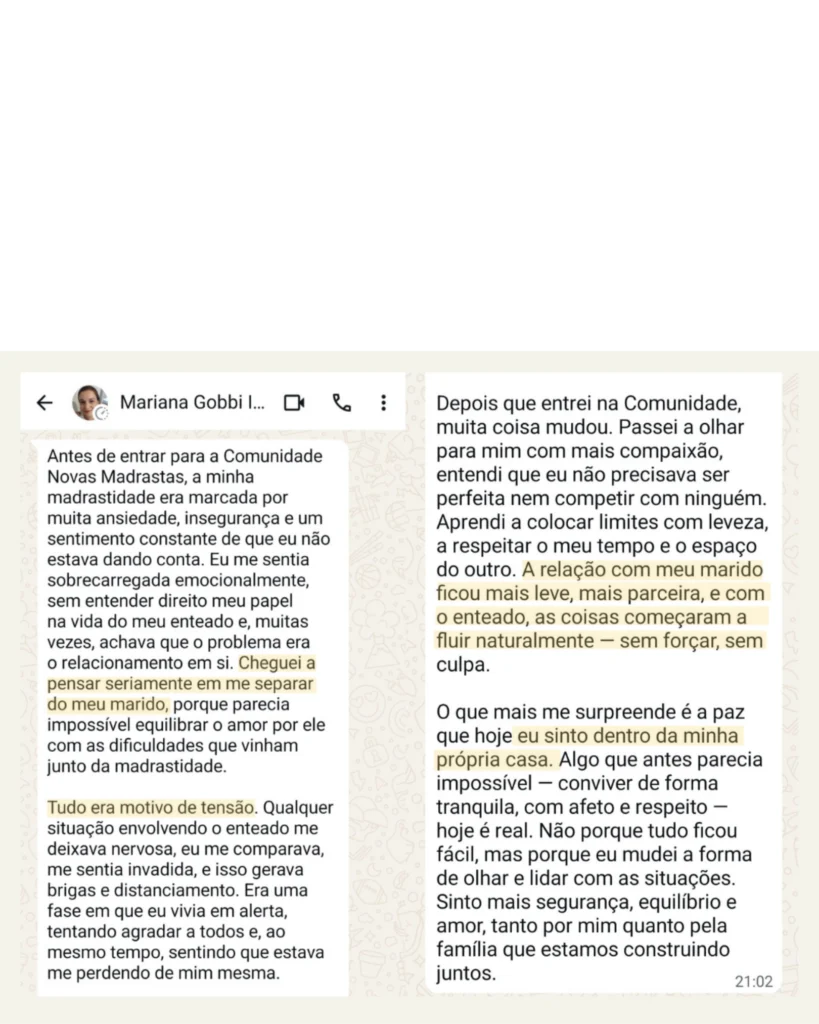 Depoimento de aluna no WhatsApp sobre a transformação no casamento